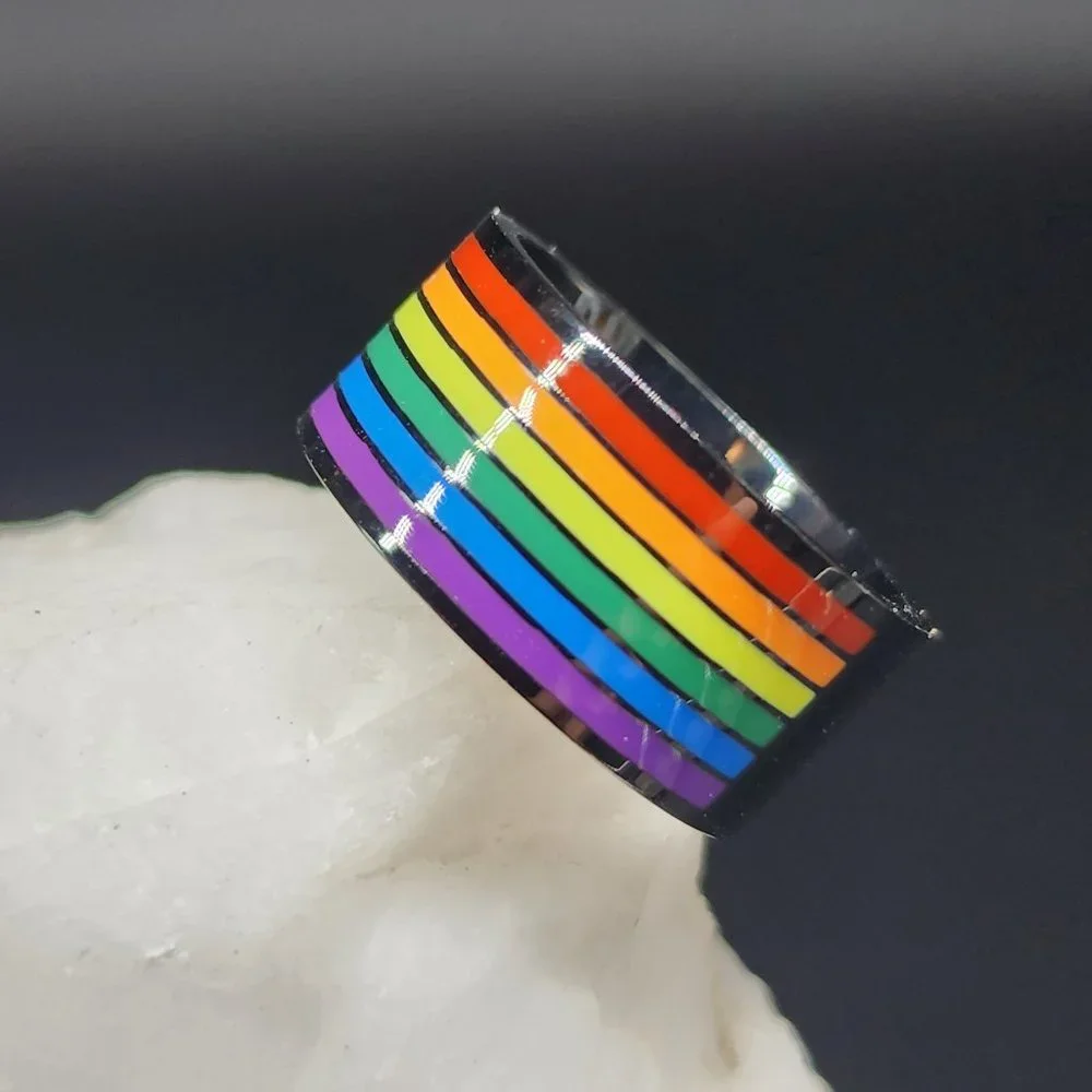 Black Rhodium Rainbow Hand Enameled Designer Ring Unisex Jewelry